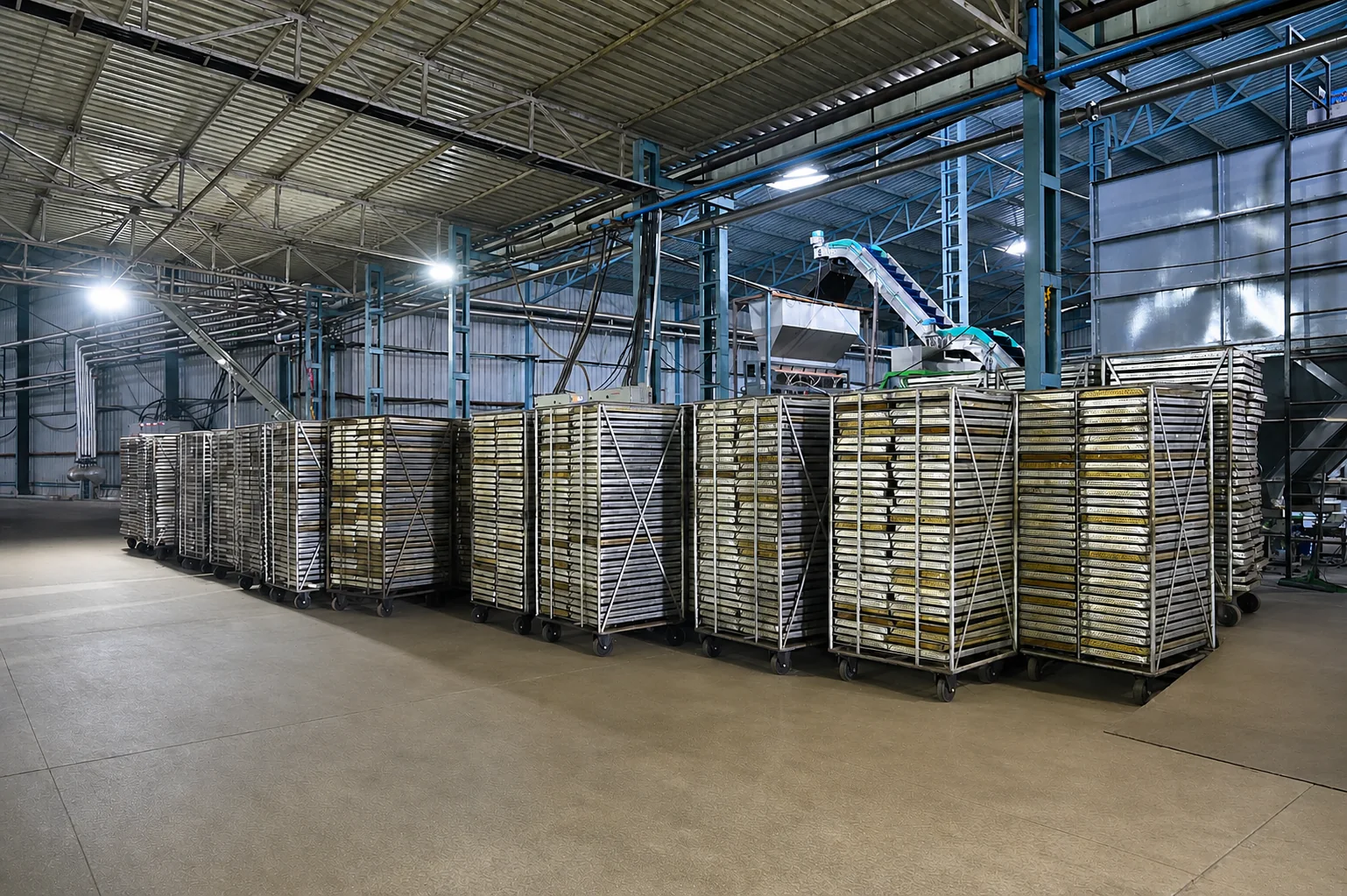 Industrial drying racks inside the processing facility