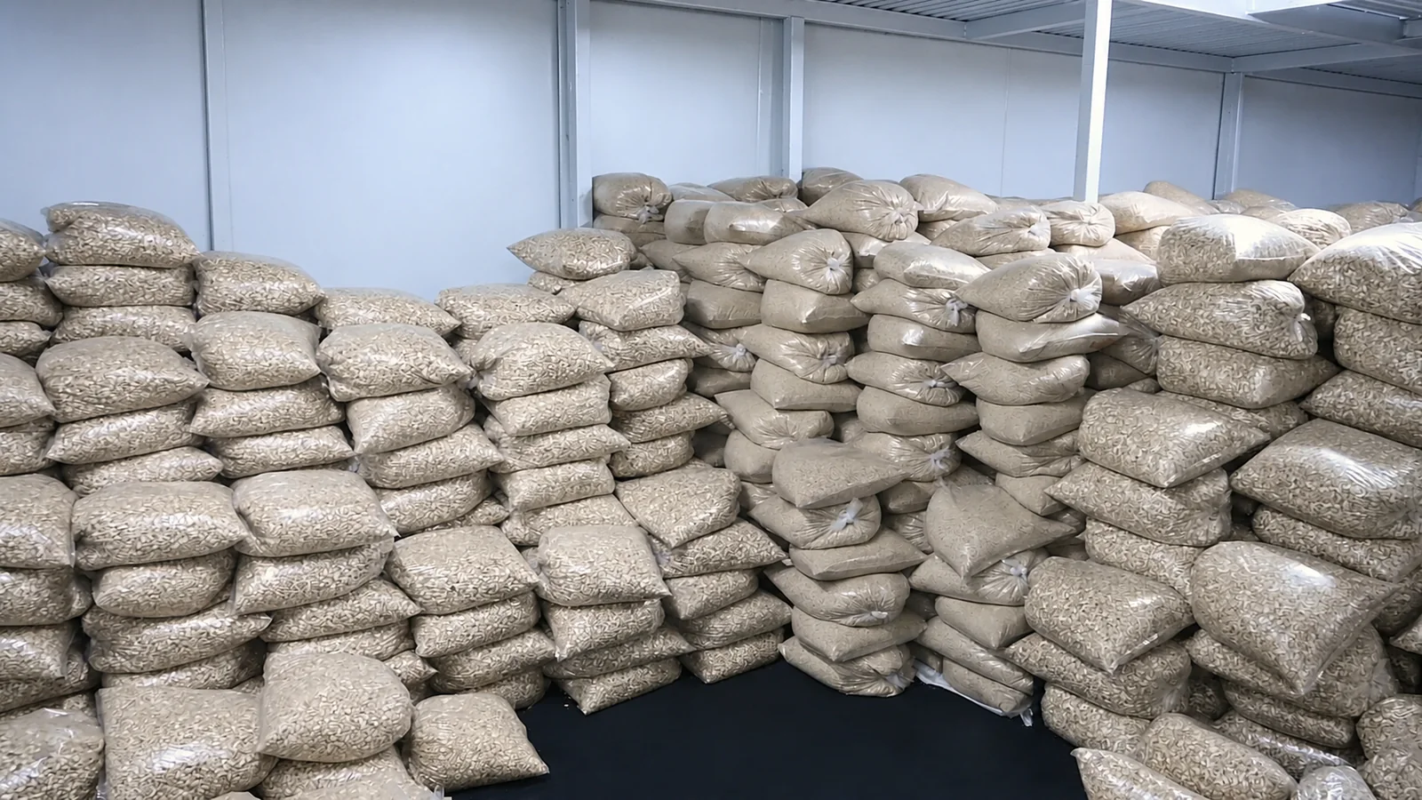 Finished cashew kernels held in organized stock